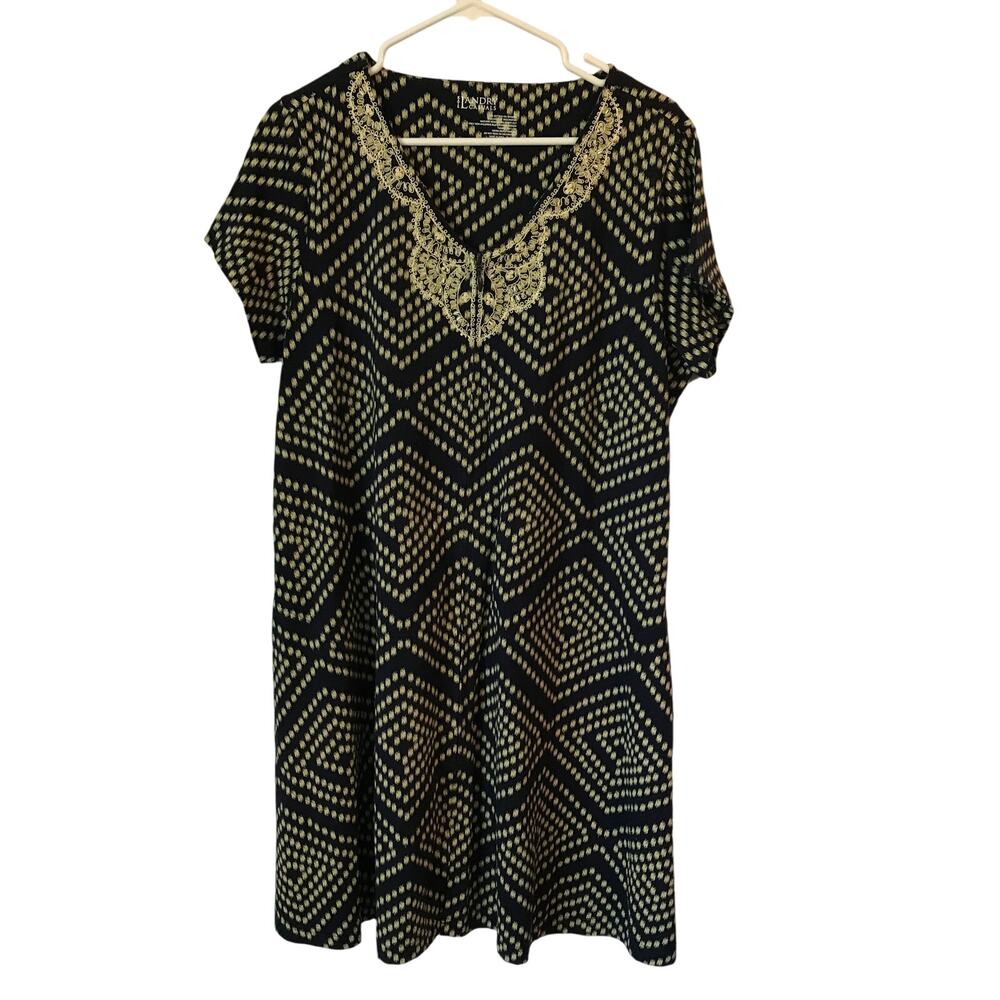 Kate Landry Dress Large Womens Dress Embroidered Beaded Navy Celery Front Zip